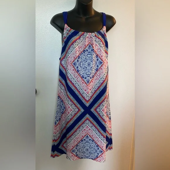 Trina Turk Rancho Blue and Pink Scarf-Print Halter Dress 6 - Picture 2 of 6
